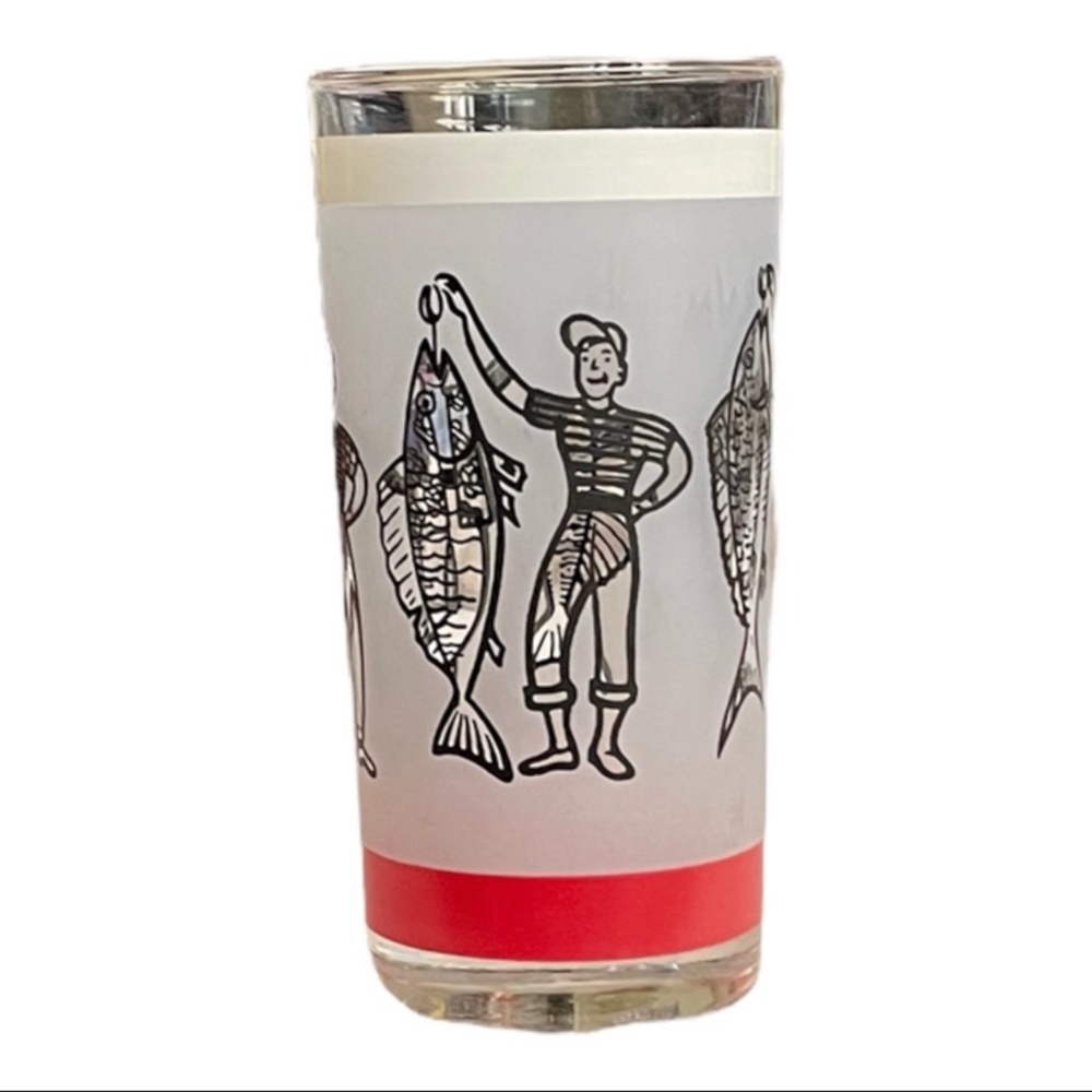 Vtg LIBBEY Red, Black & White Frosted Tumbler Fishermen w/ Fish 10 oz VERY HTF!